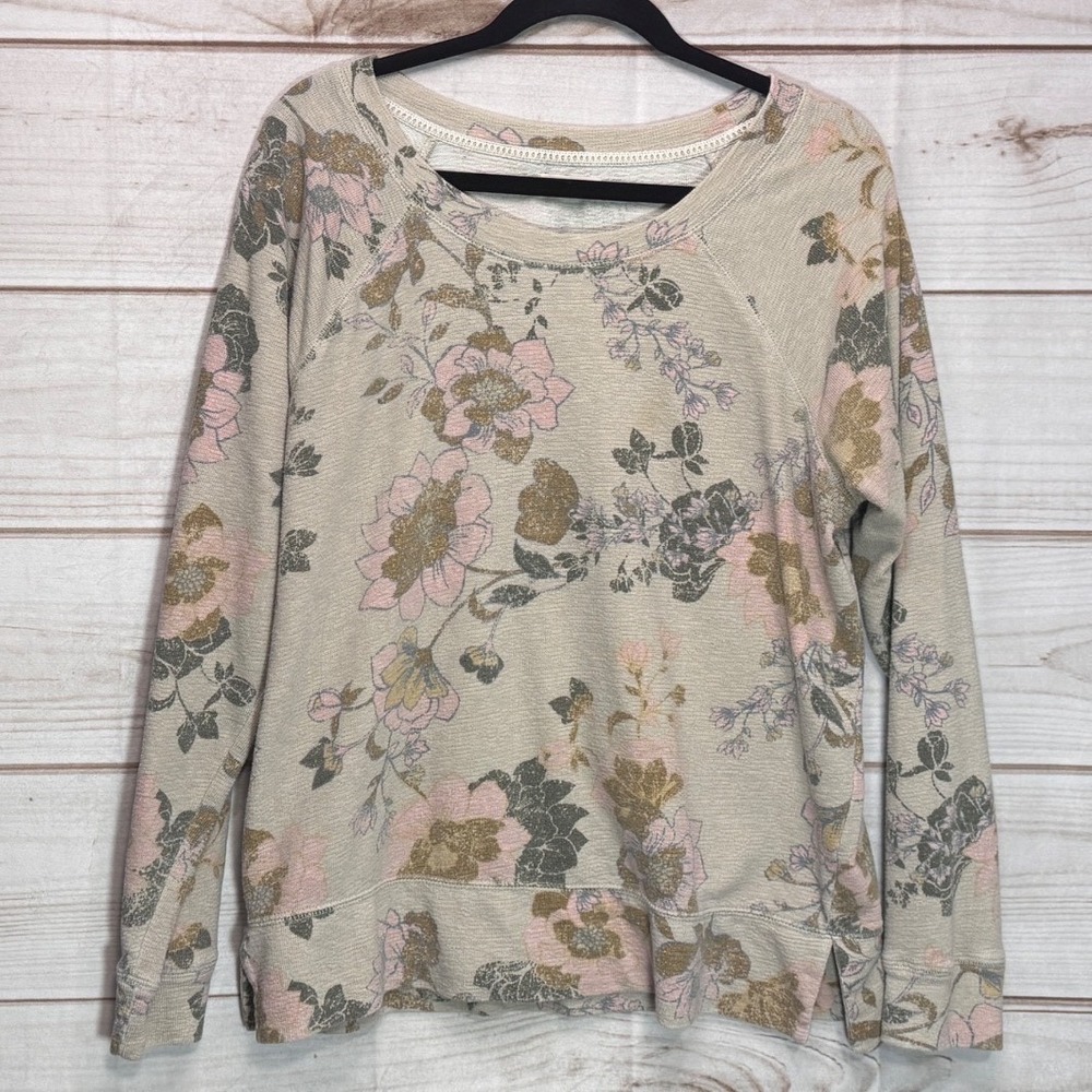 Maurices Womens Floral Waffle Knit Sweatshirt Beige Pink Raglan Sleeve Large